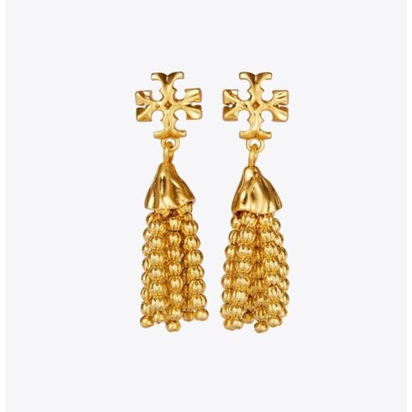 NEW Tory Burch Roxanne Small Tassel Earrings Rolled Brass 18k Gold Plated NWOT - Picture 1 of 5